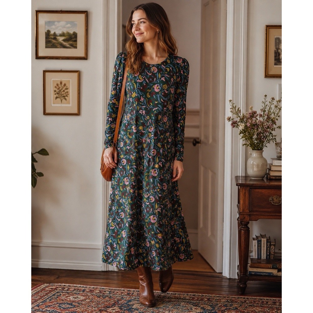 Boden NWT Green Floral Dress 6R Ecovero Knit Puff Shoulder Grannycore Boho D0338